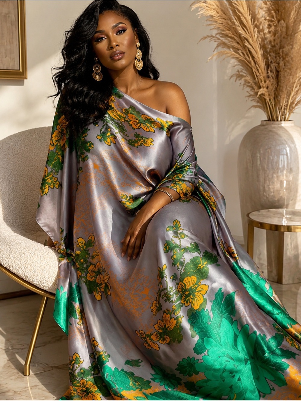 Luxe Satin Kaftan Maxi Dress & Matching Head Scarf | Resort Caftan Plus Size - Picture 1 of 2